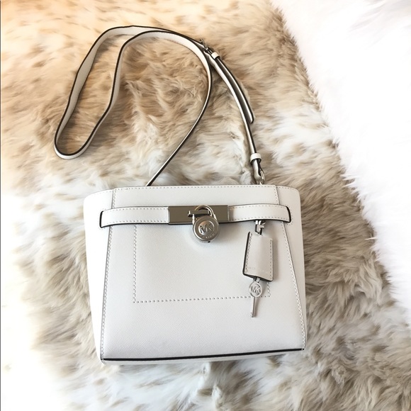 Michael Kors Leather Hamilton Traveler Satchel, Messenger Crossbody, Optic White - Picture 1 of 8